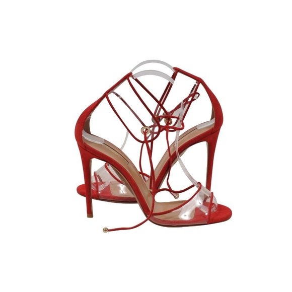 Aquazzura Womens Sandals US7.5 37.5 Red Suede Pvc Ankle Strap 105mm Heels - Picture 4 of 8